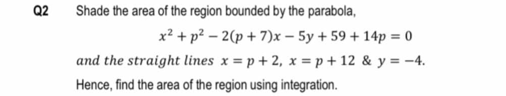 Q2
Shade the area of the region bounded by the parabola,
x² + p? – 2(p + 7)x – 5y + 59 + 14p = 0
and the straight lines x = p+2, x = p+ 12 & y = -4.
Hence, find the area of the region using integration.
