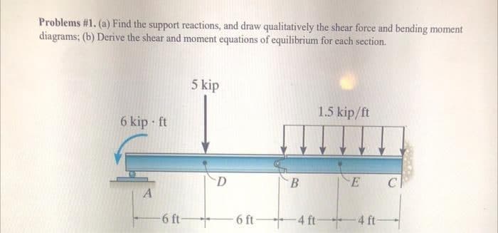 Problems #1. (a) Find the support reactions, and draw qualitatively the shear force and bending moment
diagrams; (b) Derive the shear and moment equations of equilibrium for each section.
5 kip
1.5 kip/ft
6 kip ft
C
-6 ft
6 ft
+4 ft 4 ft-
