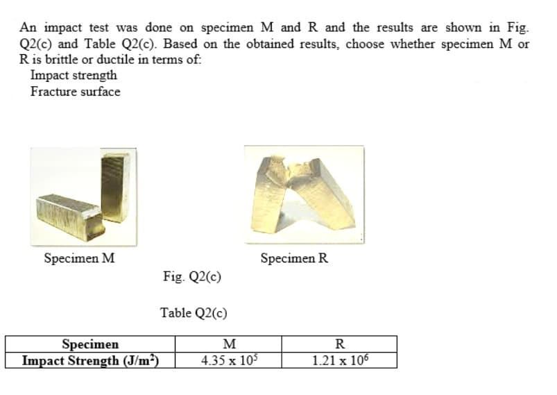 An impact test was done on specimen M and R and the results are shown in Fig.
Q2(c) and Table Q2(c). Based on the obtained results, choose whether specimen M or
R is brittle or ductile in terms of:
Impact strength
Fracture surface
Specimen M
Specimen
Impact Strength (J/m²)
Fig. Q2(c)
Table Q2(c)
M
4.35 x 105
Specimen R
R
1.21 x 106