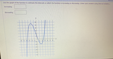 Use the graph of the function to estimate the intervals on which the function is increing or decreasing (ter your anwers using tarvl tatie)
increming
decreasing
