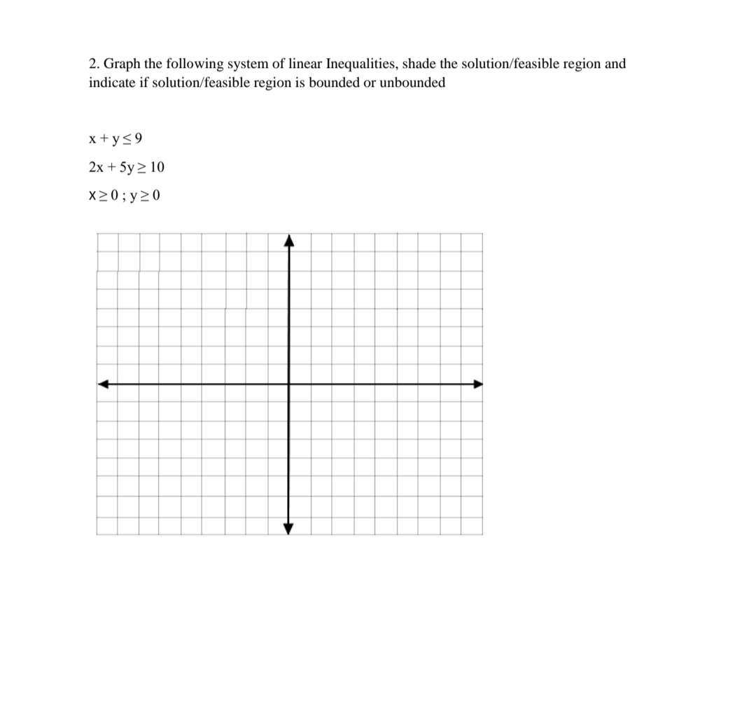 2. Graph the following system of linear Inequalities, shade the solution/feasible region and
indicate if solution/feasible region is bounded or unbounded
x + y<9
2x + 5y > 10
X20; y>0
