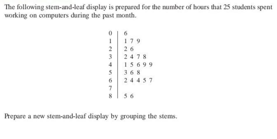 The following stem-and-leaf display is prepared for the number of hours that 25 students spent
working on computers during the past month.
0
2
3
45678
4
5
6
6
179
26
2478
15699
368
24457
8 56
Prepare a new stem-and-leaf display by grouping the stems.