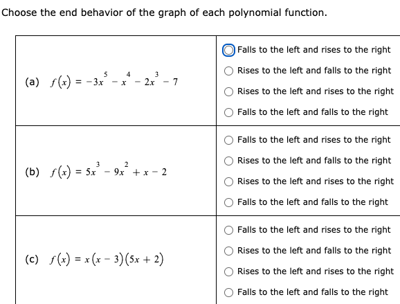 Choose the end behavior of the graph of each polynomial function.
Falls to the left and rises to the right
Rises to the left and falls to the right
5
3
- 2x
4
(a) f(x) = -3x - x
Rises to the left and rises to the right
Falls to the left and falls to the right
Falls to the left and rises to the right
Rises to the left and falls to the right
3
2
(b) s(x) = 5x
9x
+ x - 2
Rises to the left and rises to the right
Falls to the left and falls to the right
Falls to the left and rises to the right
Rises to the left and falls to the right
(c) s(x) = x (x - 3)(5x + 2)
Rises to the left and rises to the right
Falls to the left and falls to the right
