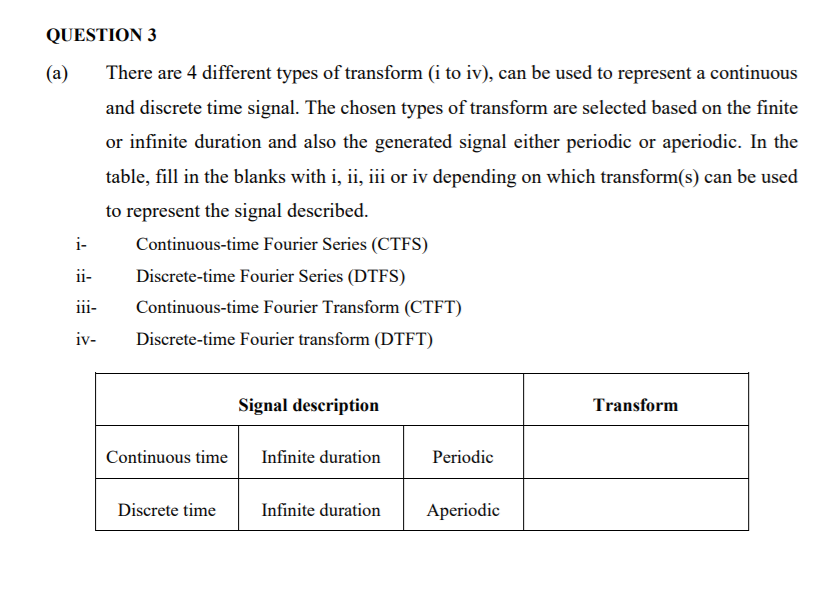 QUESTION 3
(a)
There are 4 different types of transform (i to iv), can be used to represent a continuous
and discrete time signal. The chosen types of transform are selected based on the finite
or infinite duration and also the generated signal either periodic or aperiodic. In the
table, fill in the blanks with i, ii, iii or iv depending on which transform(s) can be used
to represent the signal described.
i-
Continuous-time Fourier Series (CTFS)
ii-
Discrete-time Fourier Series (DTFS)
iii-
Continuous-time Fourier Transform (CTFT)
iv-
Discrete-time Fourier transform (DTFT)
Signal description
Transform
Continuous time
Infinite duration
Periodic
Discrete time
Infinite duration
Aperiodic
