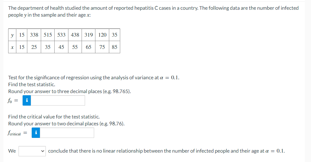 The department of health studied the amount of reported hepatitis C cases in a country. The following data are the number of infected
people y in the sample and their age x:
y
15 338 515 533 438 319
120 35
15
25
35
45
55
65
75
85
Test for the significance of regression using the analysis of variance at a = 0.1.
Find the test statistic.
Round your answer to three decimal places (e.g. 98.765).
fo =
Find the critical value for the test statistic.
Round your answer to two decimal places (e.g. 98.76).
feritical =
i
We
conclude that there is no linear relationship between the number of infected people and their age at a = 0.1.
