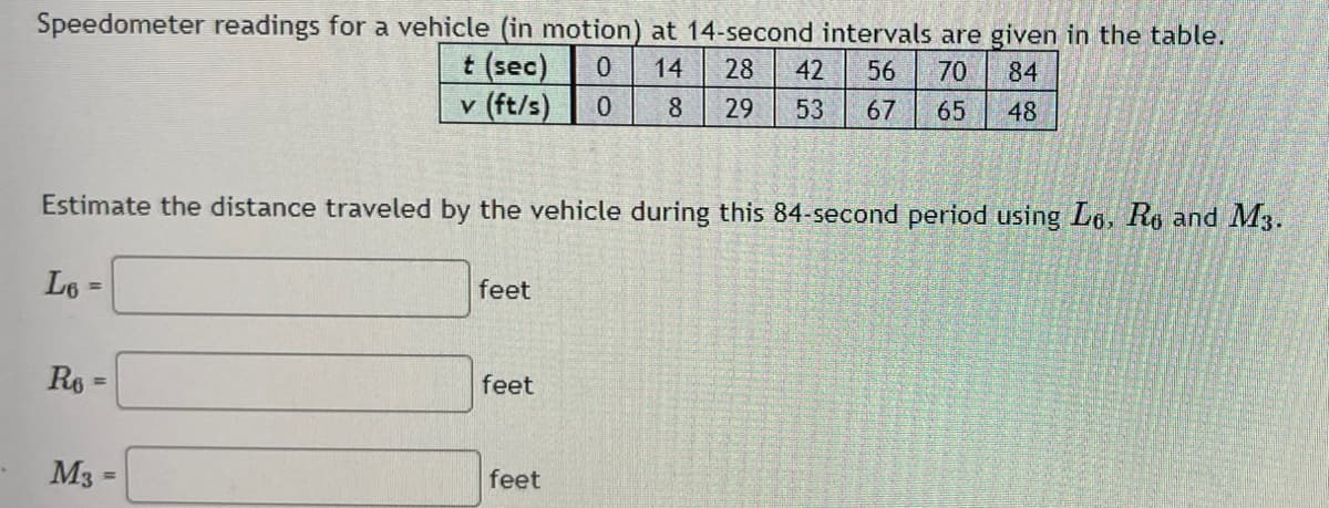 Speedometer readings for a vehicle (in motion) at 14-second intervals are given in the table.
t (sec)
v (ft/s)
14
28
42
56
70
84
8
29
53
67
65
48
Estimate the distance traveled by the vehicle during this 84-second period using Lo, Ro and M3.
L6
feet
R6
feet
M3 =
feet
%3D
