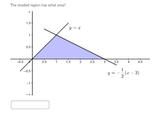 The shaded region has what area?
1.5
y = x
0.5
-0.5
0.5
1.5
2.5
3.5
4.5
1
-0.5
3)
-1
