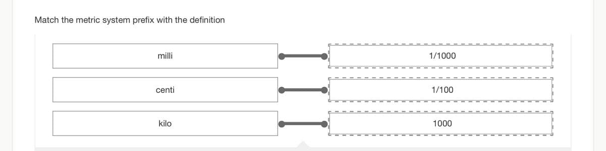 Match the metric system prefix with the definition
milli
centi
kilo
III
1/1000
1/100
1000