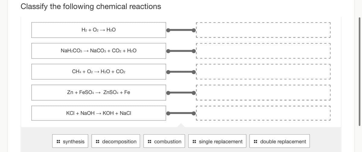 Classify the following chemical reactions
H2 + O2 → H₂O
NaH₂CO3 →→ NaCO3 + CO2 + H₂O
CH4 + O2 →→ H₂O + CO2
Zn + FeSO4 → ZnSO4 + Fe
KCI + NaOH → KOH + NaCl
:: synthesis :: decomposition
combustion
single replacement
:: double replacement