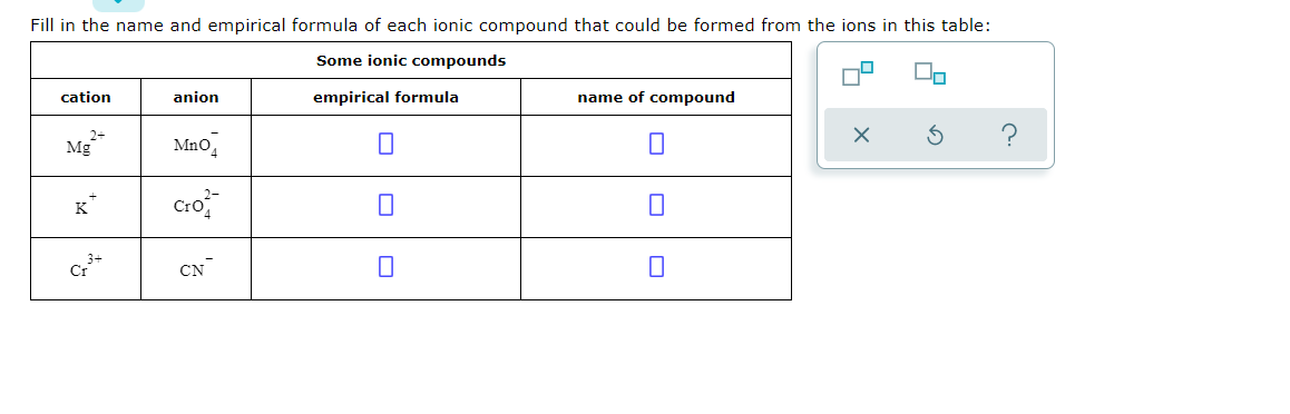 Fill in the name and empirical formula of each ionic compound that could be formed from the ions in this table:
Some ionic compounds
cation
anion
empirical formula
name of compound
Mg
Mno,
K"
CN
