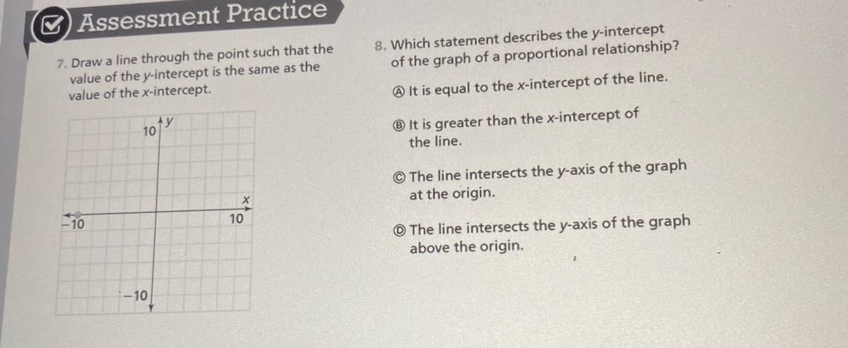 O Assessment Practice
7. Draw a line through the point such that the
value of the y-intercept is the same as the
value of the x-intercept.
8. Which statement describes the y-intercept
of the graph of a proportional relationship?
@ It is equal to the x-intercept of the line.
Ay
10
® It is greater than the x-intercept of
the line.
© The line intersects the y-axis of the graph
at the origin.
10
10
O The line intersects the y-axis of the graph
above the origin.
-10
