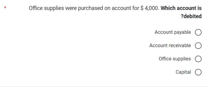 Office supplies were purchased on account for $4,000. Which account is
?debited
Account payable O
Account receivable
Office supplies O
Capital O