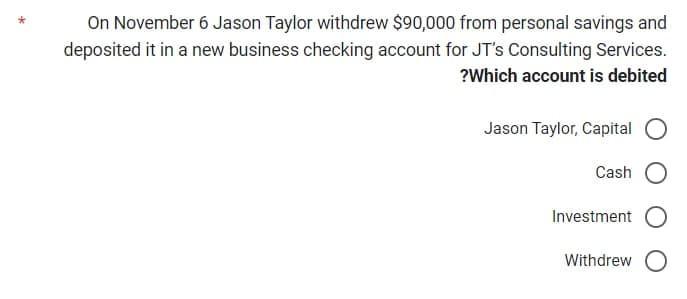 On November 6 Jason Taylor withdrew $90,000 from personal savings and
deposited it in a new business checking account for JT's Consulting Services.
?Which account is debited
Jason Taylor, Capital
Cash
Investment O
Withdrew O