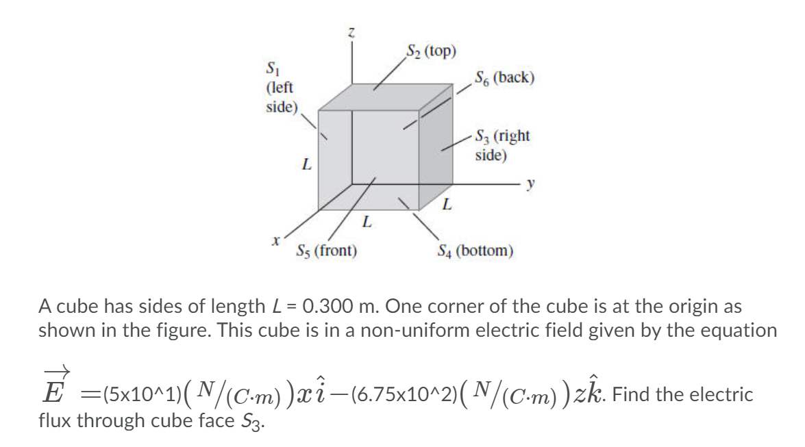 S2 (top)
S6 (back)
(left
side)
S3 (right
side)
L
y
L
S5 (front)
S4 (bottom)
A cube has sides of length L = 0.300 m. One corner of the cube is at the origin as
shown in the figure. This cube is in a non-uniform electric field given by the equation
E =(5x10^1)( N/(C-m))xi-(6.75x10^2)( N/(C-m))zk. Find the electric
flux through cube face S3.
