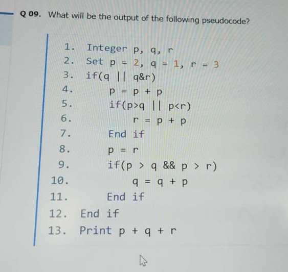 Q 09. What will be the output of the following pseudocode?
Integer p, q, r
Set p = 2, q = 1, r = 3
3. if(q || q&r)
p = p + p
if(p>q || p<r)
1.
2.
4.
5.
6.
r = p + p
7.
End if
8.
p = r
9.
if(p > q && p > r)
10.
%3D
11.
d + b = b
End if
12. End if
13. Print p + q + r
