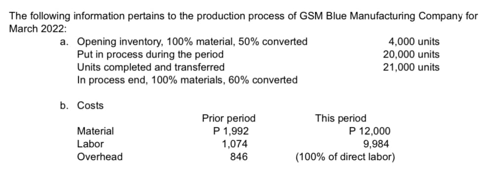 The following information pertains to the production process of GSM Blue Manufacturing Company for
March 2022:
a. Opening inventory, 100% material, 50% converted
Put in process during the period
Units completed and transferred
In process end, 100% materials, 60% converted
4,000 units
20,000 units
21,000 units
b. Costs
Prior period
P 1,992
1,074
This period
P 12,000
9,984
(100% of direct labor)
Material
Labor
Overhead
846
