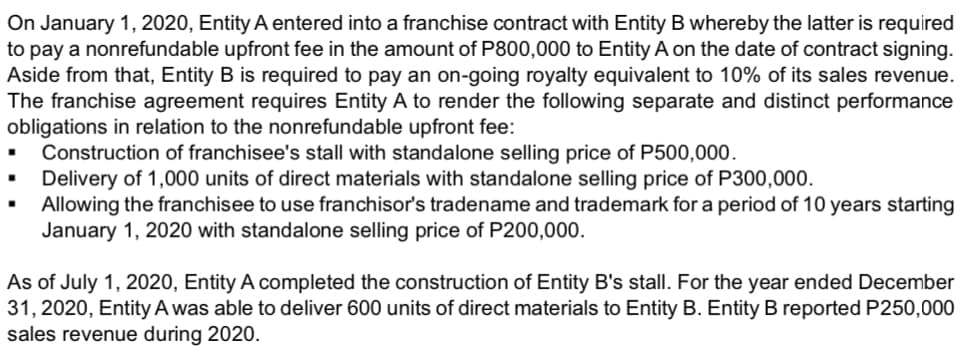 On January 1, 2020, Entity A entered into a franchise contract with Entity B whereby the latter is required
to pay a nonrefundable upfront fee in the amount of P800,000 to Entity A on the date of contract signing.
Aside from that, Entity B is required to pay an on-going royalty equivalent to 10% of its sales revenue.
The franchise agreement requires Entity A to render the following separate and distinct performance
obligations in relation to the nonrefundable upfront fee:
Construction of franchisee's stall with standalone selling price of P500,000.
Delivery of 1,000 units of direct materials with standalone selling price of P300,000.
Allowing the franchisee to use franchisor's tradename and trademark for a period of 10 years starting
January 1, 2020 with standalone selling price of P200,000.
As of July 1, 2020, Entity A completed the construction of Entity B's stall. For the year ended December
31, 2020, Entity A was able to deliver 600 units of direct materials to Entity B. Entity B reported P250,000
sales revenue during 2020.
