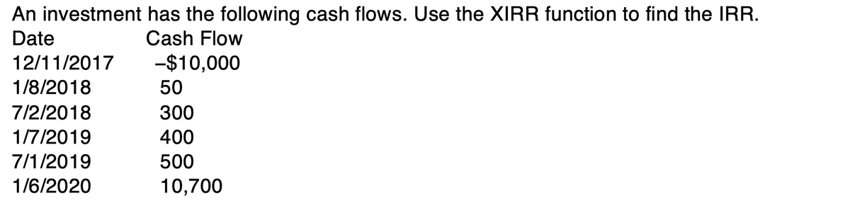 An investment has the following cash flows. Use the XIRR function to find the IRR.
Date
Cash Flow
12/11/2017
-$10,000
1/8/2018
50
7/2/2018
300
1/7/2019
400
7/1/2019
500
1/6/2020
10,700
