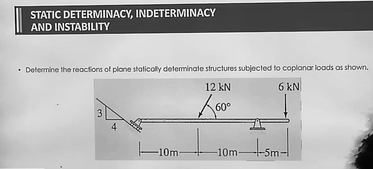 STATIC DETERMINACY, INDETERMINACY
AND INSTABILITY
• Determine the reactions of plane statically determinate structures subjected to coplanar loads as shown.
12 kN
6 kN
60°
3
-10m-
-10m-
5m
