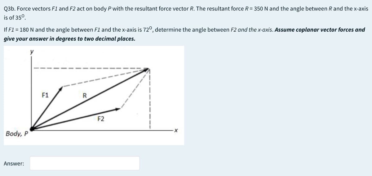 Q3b. Force vectors F1 and F2 act on body P with the resultant force vector R. The resultant force R = 350 N and the angle between R and the x-axis
is of 35°.
If F1 = 180 N and the angle between F1 and the x-axis is 72°, determine the angle between F2 and the x-axis. Assume coplanar vector forces and
give your answer in degrees to two decimal places.
y
F1
R
F2
Body, P
Answer:
