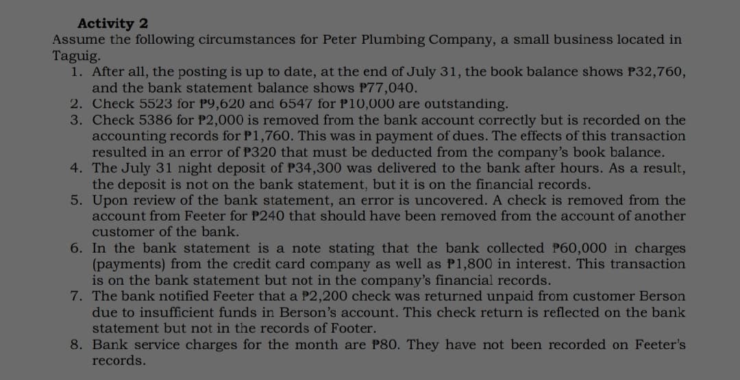 Activity 2
Assume the following circumstances for Peter Plumbing Company, a small business located in
Taguig.
1. After all, the posting is up to date, at the end of July 31, the book balance shows P32,760,
and the bank statement balance shows P77,040.
2. Check 5523 for P9,620 and 6547 for P10,000 are outstanding.
3. Check 5386 for P2,000 is removed from the bank account correctly but is recorded on the
accounting records for P1,760. This was in payment of dues. The effects of this transaction
resulted in an error of P320 that must be deducted from the company's book balance.
4. The July 31 night deposit of P34,300 was delivered to the bank after hours. As a result,
the deposit is not on the bank statement, but it is on the financial records.
5. Upon review of the bank statement, an error is uncovered. A check is removed from the
account from Feeter for P240 that should have been removed from the account of another
customer of the bank.
6. In the bank statement is a note stating that the bank collected P60,000 in charges
(payments) from the credit card company as well as P1,800 in interest. This transaction
is on the bank statement but not in the company's financial records.
7. The bank notified Feeter that a P2,200 check was returned unpaid from customer Berson
due to insufficient funds in Berson's account. This check return is reflected on the bank
statement but not in the records of Footer.
8. Bank service charges for the month are P80. They have not been recorded on Feeter's
records.
