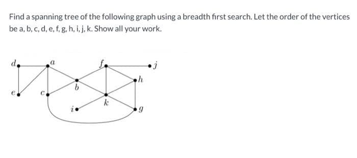 Find a spanning tree of the following graph using a breadth first search. Let the order of the vertices
be a, b, c, d, e, f, g. h, i. j, k. Show all your work.
d.
9.
