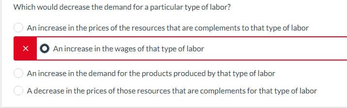 Which would decrease the demand for a particular type of labor?
An increase in the prices of the resources that are complements to that type of labor
An increase in the wages of that type of labor
X
An increase in the demand for the products produced by that type of labor
A decrease in the prices of those resources that are complements for that type of labor