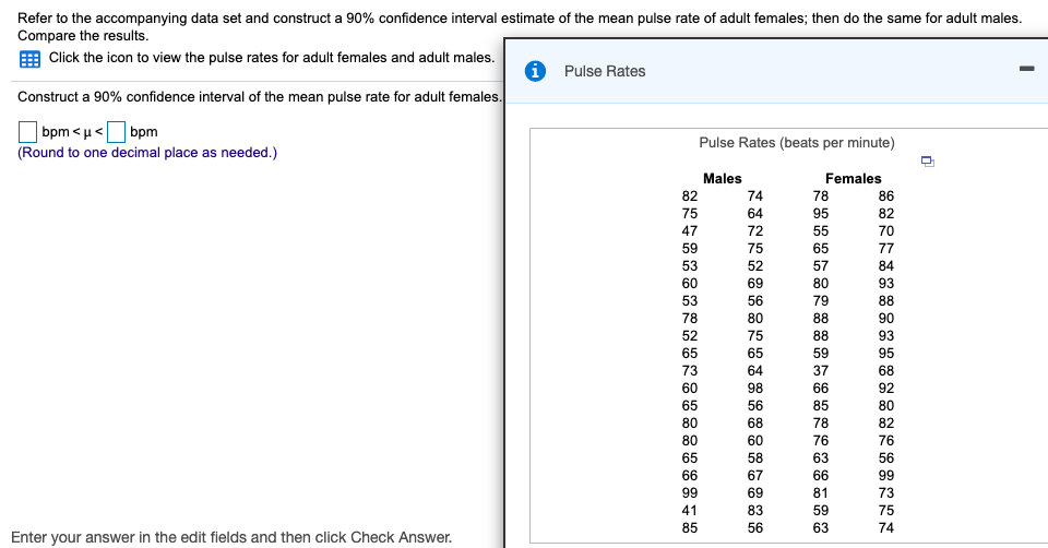 Refer to the accompanying data set and construct a 90% confidence interval estimate of the mean pulse rate of adult females; then do the same for adult males.
Compare the results.
Click the icon to view the pulse rates for adult females and adult males.
i Pulse Rates
Construct a 90% confidence interval of the mean pulse rate for adult females.
| bpm<µ< bpm
(Round to one decimal place as needed.)
Pulse Rates (beats per minute)
Males
Females
82
74
78
86
75
64
95
82
47
72
55
70
59
75
65
77
53
52
57
84
60
69
80
93
53
56
79
88
78
80
88
90
52
75
88
93
65
65
59
95
73
64
37
68
60
98
66
92
65
56
85
80
80
68
78
82
80
60
76
76
65
58
63
56
66
67
66
99
99
69
81
73
41
83
59
75
85
56
63
74
Enter your answer in the edit fields and then click Check Answer.
