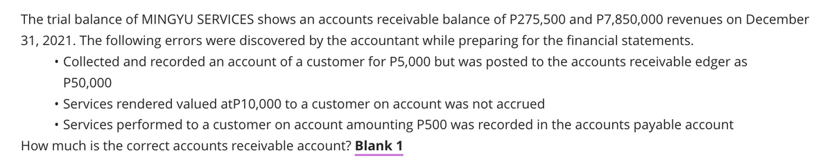 The trial balance of MINGYU SERVICES shows an accounts receivable balance of P275,500 and P7,850,000 revenues on December
31, 2021. The following errors were discovered by the accountant while preparing for the financial statements.
Collected and recorded an account of a customer for P5,000 but was posted to the accounts receivable edger as
P50,000
Services rendered valued atP10,000 to a customer on account was not accrued
• Services performed to a customer on account amounting P500 was recorded in the accounts payable account
How much is the correct accounts receivable account? Blank 1
