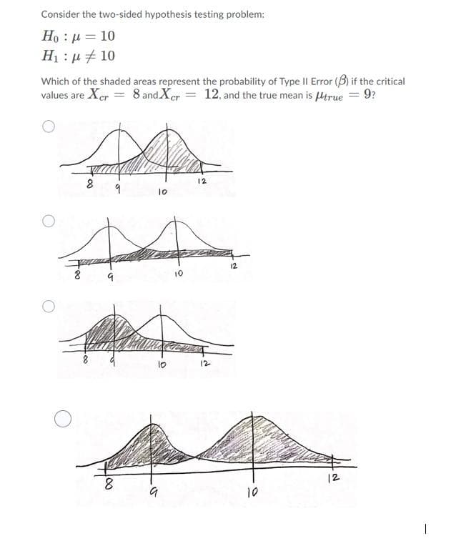 Consider the two-sided hypothesis testing problem:
Но : и — 10
H1 : µ + 10
Which of the shaded areas represent the probability of Type II Error (3) if the critical
values are Xer = 8 and Xer = 12, and the true mean is ltrue = 9?
12
9
12
10
10
12
8.
12
10
00
