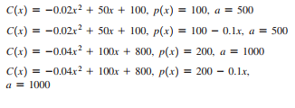 C(x) = -0.02x2 + 50x + 100, p(x) = 100, a = 500
C(x) = -0.02r² + 50x + 100, p(x) = 100 – 0.lx, a = 500
%3D
C(x) = -0.04x² + 100x + 800, p(x) = 200, a = 1000
C(x) = -0.04x² + 100x + 800, p(x) = 200 – 0.1x,
a = 1000

