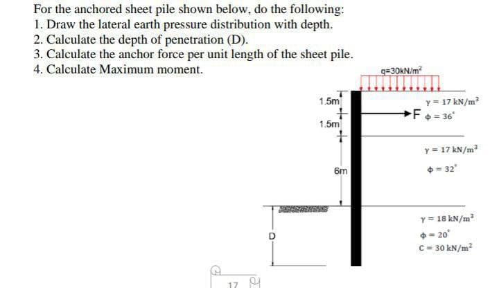 For the anchored sheet pile shown below, do the following:
1. Draw the lateral earth pressure distribution with depth.
2. Calculate the depth of penetration (D).
3. Calculate the anchor force per unit length of the sheet pile.
4. Calculate Maximum moment.
1.5m
1.5m
P
17
+
6m
q=30kN/m²
y = 17 kN/m²
Ф=
y = 17 kN/m³
= 32⁰
Y = 18 kN/m²
+ = 20°
C = 30 kN/m²
F = 36