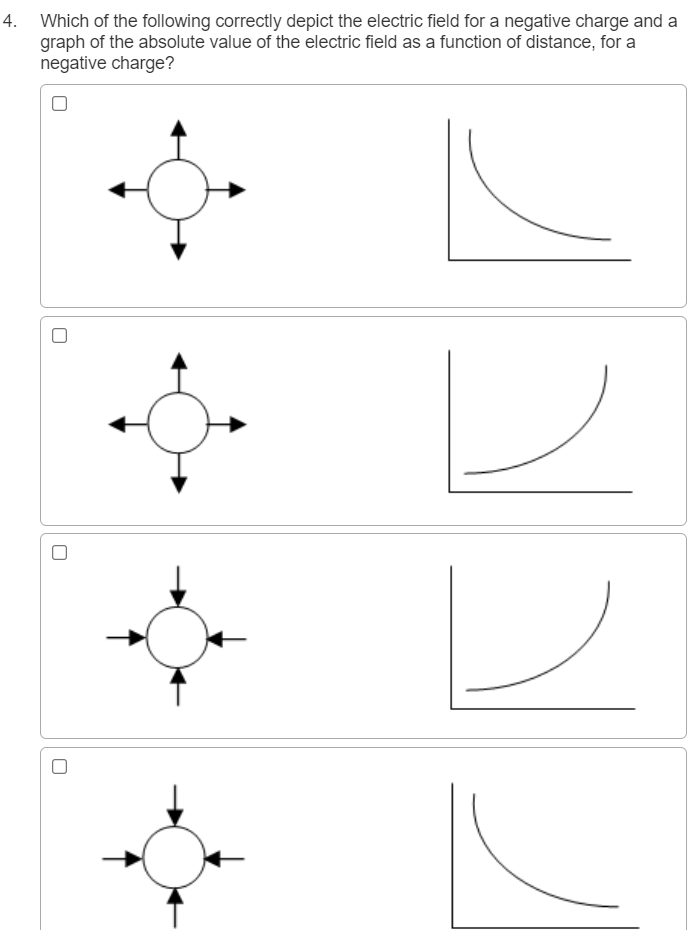 4. Which of the following correctly depict the electric field for a negative charge and a
graph of the absolute value of the electric field as a function of distance, for a
negative charge?
