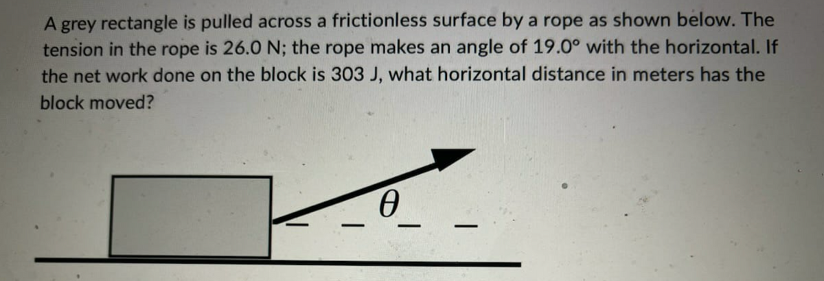 A grey rectangle is pulled across a frictionless surface by a rope as shown below. The
tension in the rope is 26.0 N; the rope makes an angle of 19.0° with the horizontal.
the net work done on the block is 303 J, what horizontal distance in meters has the
block moved?
-
0
-
-