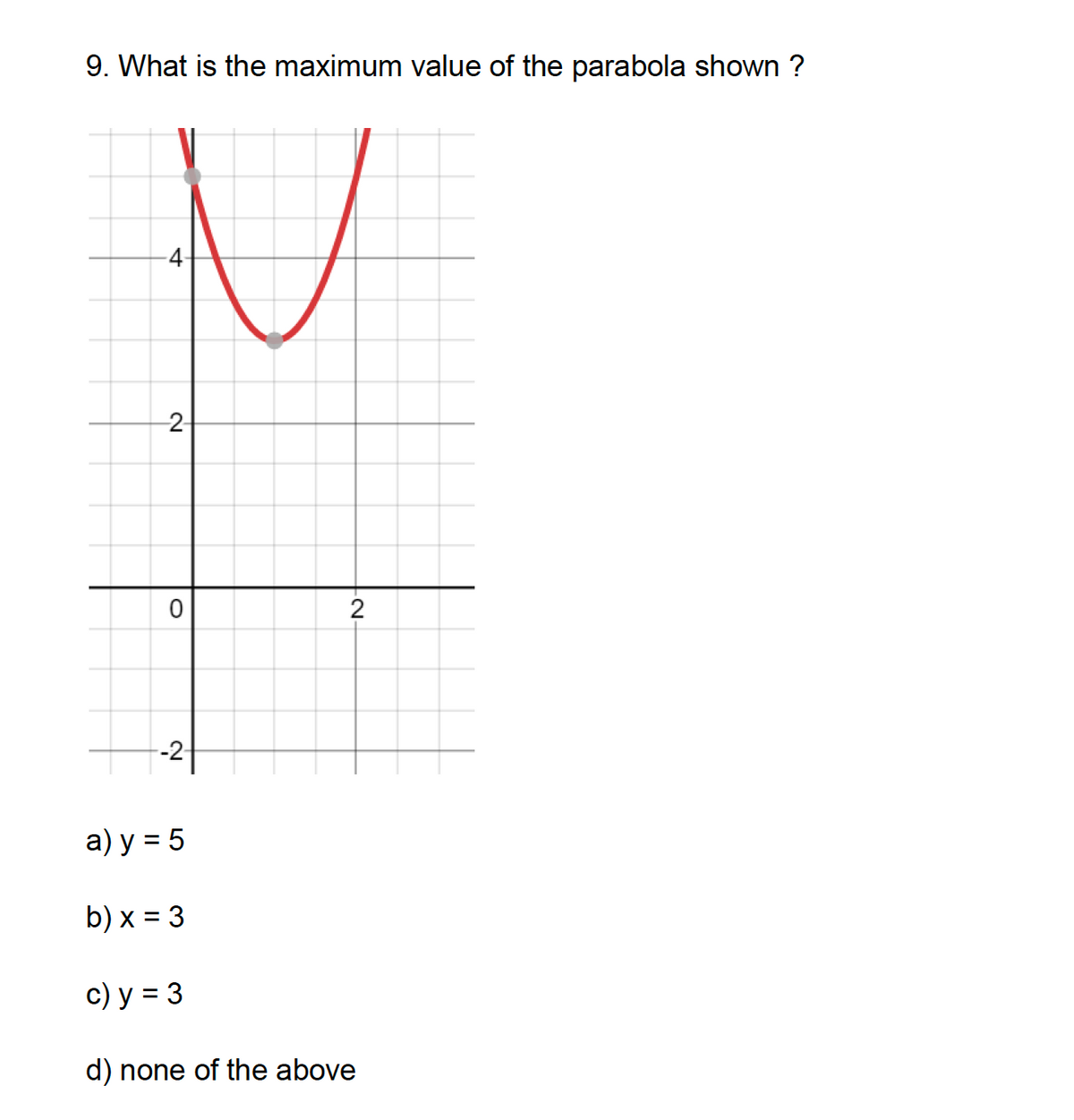 9. What is the maximum value of the parabola shown ?
N
-4-
-2-
0
--2-
a) y = 5
b) x = 3
2
c) y = 3
d) none of the above