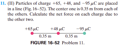 11. (II) Particles of charge +65, +48, and -95 µC are placed
in a line (Fig. 16-52). The center one is 0.35 m from each of
the others. Calculate the net force on each charge due to
the other two.
+65 μC
+48 μC
-95 μC
0.35 m
0.35 m
FIGURE 16-52 Problem 11.