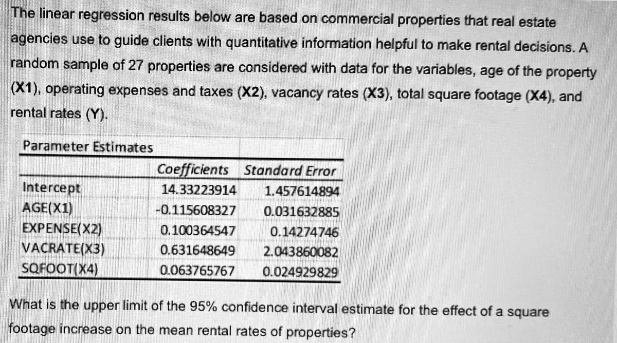 The linear regression results below are based on commercial properties that real estate
agencies use to guide clients with quantitative information helpful to make rental decisions. A
random sample of 27 properties are considered with data for the variables, age of the property
(X1), operating expenses and taxes (X2), vacancy rates (X3), total square footage (X4), and
rental rates (Y).
Parameter Estimates
Coefficients Standard Error
Intercept
AGE(X1)
EXPENSE(X2)
VACRATE(X3)
SOFOOT(X4)
14.33223914
1.457614894
-0.115608327
0.031632885
0.100364547
0.14274746
0.631648649
2.043860082
0.063765767
0.024929829
What is the upper limit of the 95% confidence interval estimate for the effect of a square
footage increase on the mean rental rates of properties?
