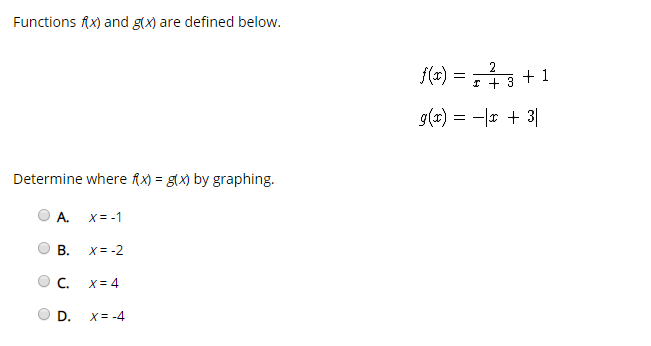 Functions fx) and gx) are defined below.
f(4) = ;f
g(x) = -|r + 3|
Determine where fX) = g\x) by graphing.
A. x= -1
В. х3-2
Oc.
X= 4
D.
x= -4
