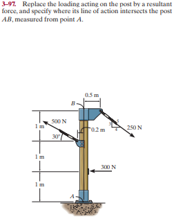3-97. Replace the loading acting on the post by a resultant
force, and specify where its line of action intersects the post
AB, measured from point A.
0.5 m
B-
500 N
F0.2 m
250 N
30
Im
300 N
