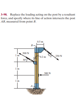 3-98. Replace the loading acting on the post by a resultant
force, and specify where its line of action intersects the post
AB, measured from point B.
0.5 m
B-
500 N
F0.2 m
250 N
30
Im
300 N
