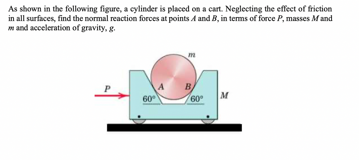 As shown in the following figure, a cylinder is placed on a cart. Neglecting the effect of friction
in all surfaces, find the normal reaction forces at points A and B, in terms of force P, masses M and
m and acceleration of gravity, g.
m
P
B
60°
M
