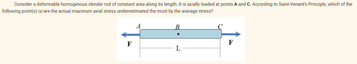 Consider a deformable homogenous slender rod of constant area along its length. It is axially loaded at points A and C. According to Saint-Venant's Principle, which of the
following point(s) is/are the actual maximum axial stress underestimated the most by the average stress?
A
B.
F
F
L
