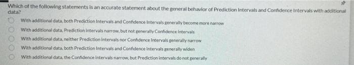 Which of the following statements is an accurate statement about the general behavior of Prediction Intervals and Confidence Intervals with additional
data?
With additional data, both Prediction Intervals and Confidence Intervals generally become more narrow
With additional data, Prediction Intervals narrow, but not generally Confdence Intervals
With additional data, neither Prediction intervals nor Confidence Intervals generally narrow
With additional data, both Prediction Intervals and Confidence intervals generally widen
With additional data, the Confidence intervals narrow, but Prediction intervals do not generally
O00OO
