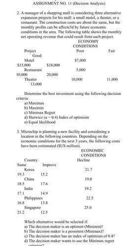 ASSIGNMENT NO. 11 (Decision Analysis)
2. A manager of a shopping mall is considering three alternative
expansion projects for his mall: a small motel, a theater, or a
restaurant. The construction costs are about the same, but the
monthly profits can be affecte3d by future economie
conditions in the area. The following table shows the monthly
net operating revenue that could result from each project.
ECONOMY
CONDITIONS
Project
Good
Poor
Fair
Motel
$7,000
SI8,000
S15,000
Restaurant
5,000
10,000
Theater
13,000
20,000
10,000
11,000
Determine the best investment using the following decision
criteria:
a) Maximax
b) Maximin
e) Minimax Regret
d) Hurwicz (a- 0,4) Index of optimism
e) Equal likelihood
3. Microchip is planning a new facility and considering a
location in the following countries. Depending on the
economic conditions for the next 3 years, the following costs
have been estimnated (SUS million).
ЕCONOMIC
CONDITIONS
Country
Same
Decline
Improve
Korea
21.7
19.3
15.2
China
19.0
18.5
17.6
India
19.2
17.1
14.9
Philippines
16,8
22.5
13.8
Singapore
21.2
25.0
12.5
Which alternative would be selected if:
a) The decision maker is an optimist (Minimin)?
b) The decision maker is a pessimist (Minimaxy?
e) The decision maker has an index of optimism of 0.4?
d) The decision maker wants to use the Minimax regret
criterion?
