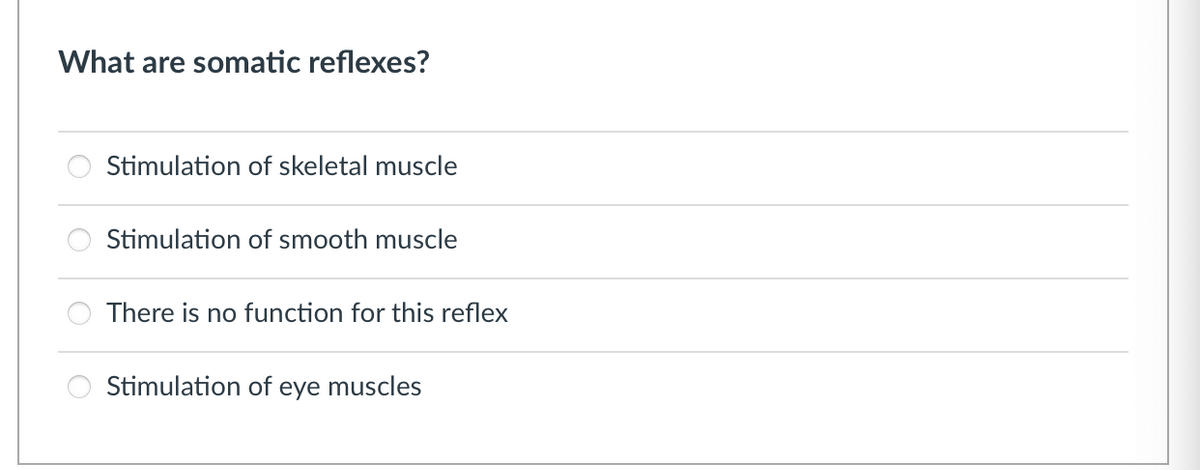 What are somatic reflexes?
Stimulation of skeletal muscle
Stimulation of smooth muscle
There is no function for this reflex
Stimulation of
eye
muscles
