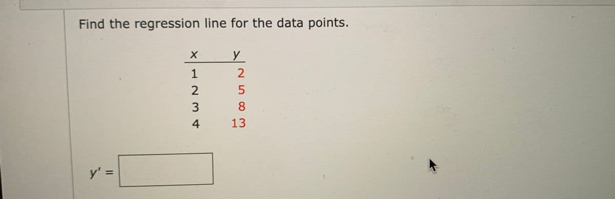 Find the regression line for the data points.
y
1
2
2
5
4
13
y' =
%3D
