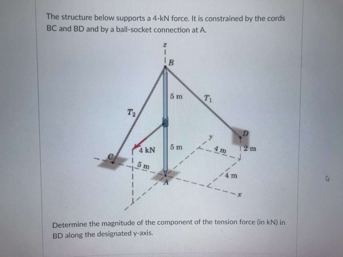 The structure below supports a 4-kN force. It is constrained by the cords
BC and BD and by a ball-socket connection at A.
5 m
T1
T2
5 m
4 m
2 m
4 kN
5 m
4 m
Determine the magnitude of the component of the tension force (in kN) in
BD along the designated y-axis.

