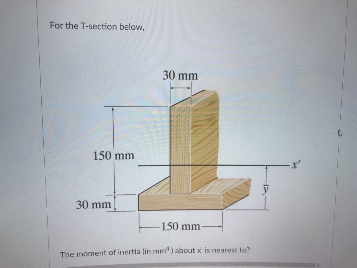 For the T-section below,
30 mm
150 mm
30 mm
-150 mm
The moment of inertia (in mm4) about x' is nearest to?
