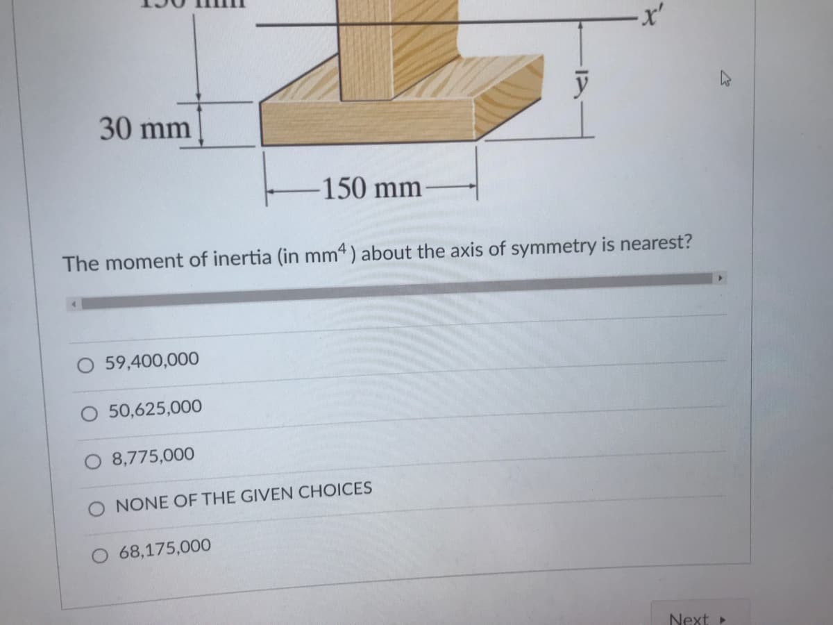 x'
30 mm
-150 mm
The moment of inertia (in mm4) about the axis of symmetry is nearest?
59,400,000
50,625,000
O 8,775,000
NONE OF THE GIVEN CHOICES
68,175,000
Next
