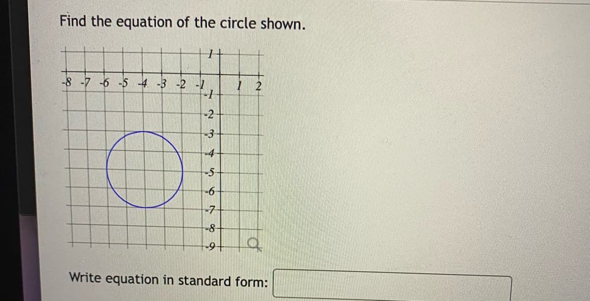 Find the equation of the circle shown.
-8 -7 -6 -5
-4 -3 -2 -1
2
-3
-4
-5
-6
-7
-8-
-9-
Write equation in standard form:
2.
